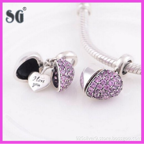 Sample free latest style 925 original silver heart charm pink crystal lovely beads
